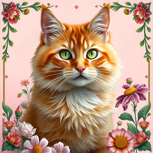 Cute fluffy ginger cat and flowers illustration 