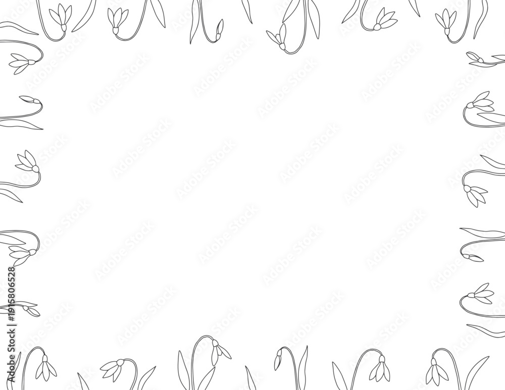 Obraz premium Coloring page for adults and children. Frame with spring flowers and leaves. Snowdrops.