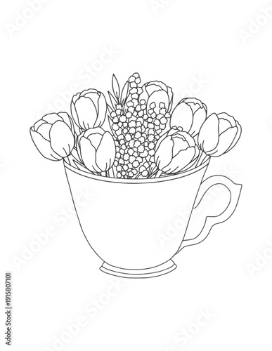 A coloring page for adults and children. A bouquet of spring flowers and leaves in a cup.