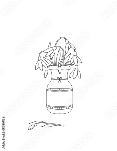 Coloring page for adults and children. Bouquet of spring flowers and leaves. Snowdrops.
