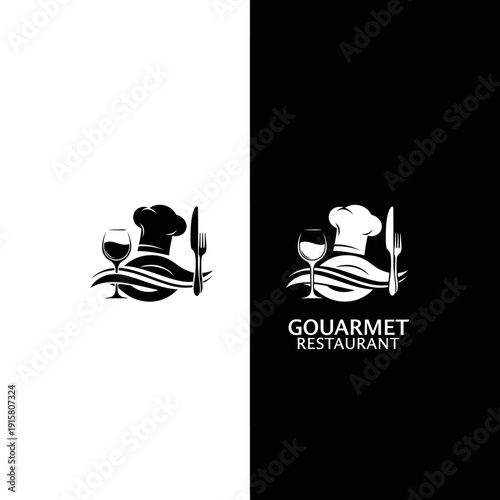 Gourmet Restaurant Logo with Chef Hat Wine Glass and Cutlery.