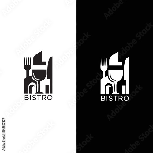 Elegant Bistro Logo Design with Cutlery and Wine Glass Silhouettes.