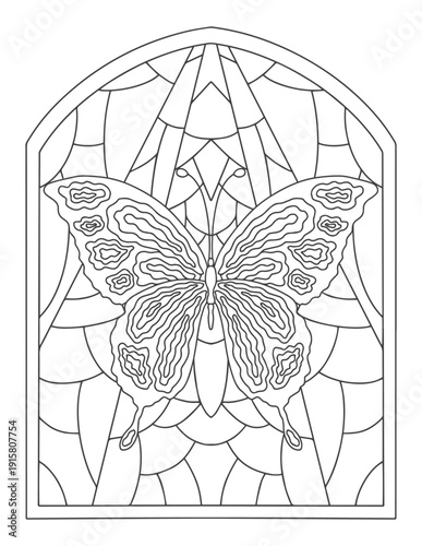 Coloring page for adults and children. Stained glass background. Butterfly.