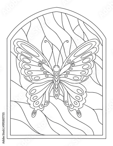 Coloring page for adults and children. Stained glass background. Butterfly.