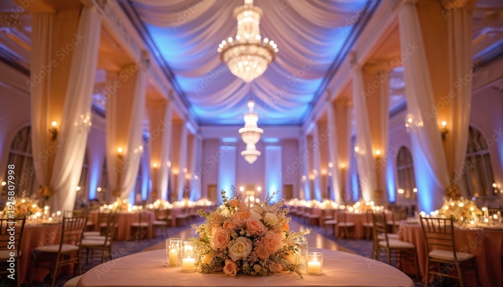Obraz premium Elegant ballroom set for a wedding reception with floral centerpieces, candles, and chandeliers. Tables draped in soft fabric, chairs arranged, creating a romantic ambiance for guests.