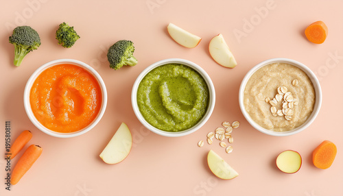 Bowls with healthy baby food on color background