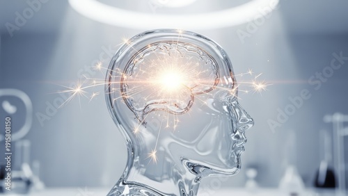 Transparent glass head with glowing brain. Concept of intellectual power, creative mind and brainstorming for innovation and science.