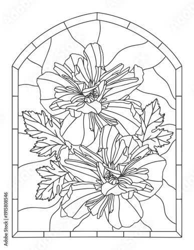 Coloring page for adults and children. Stained glass background. Flower branch with leaves.