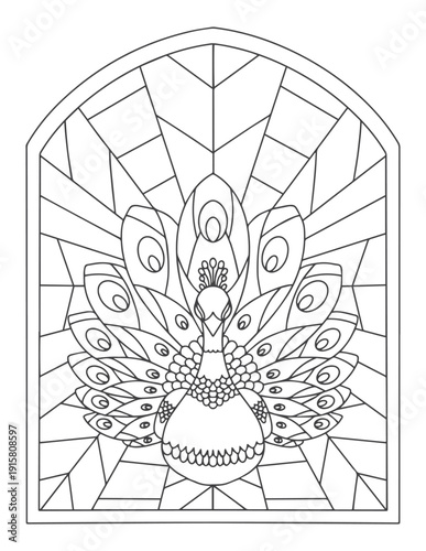 Coloring page for adults and children. Stained glass background. Peacock.