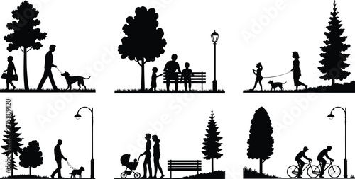 People walking and relaxing in park silhouettes set, families with dogs bicycles and benches, outdoor recreation vector illustration isolated on white background
