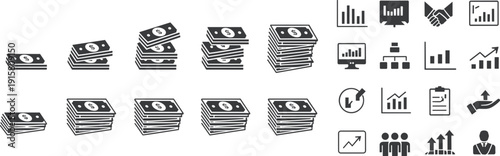 Financial growth and business profit icons set, money stacks increasing and analytics symbols collection, corporate finance vector illustration isolated on white background