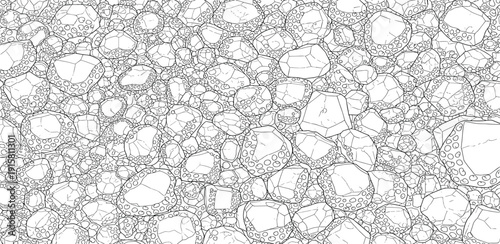 Detailed illustration of various sized stones and pebbles texture from a top view
