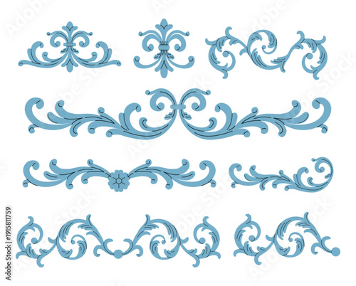 Wallpaper Mural Vintage Blue Floral Flourish and Scrollwork Ornament Set Torontodigital.ca