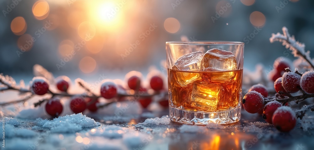 Fototapeta premium Glass of amber whiskey with ice sits on snow near frosted red berries. Soft winter sunlight creates warm bokeh in background. Drink suggests cozy celebration in cold.