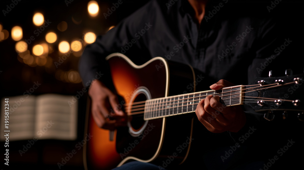Obraz premium Detailed close-up of hands playing a resonant chord on a gleaming acoustic guitar body, warm amber tones from indoor lighting enhancing the lacquer finish, precise finger placement