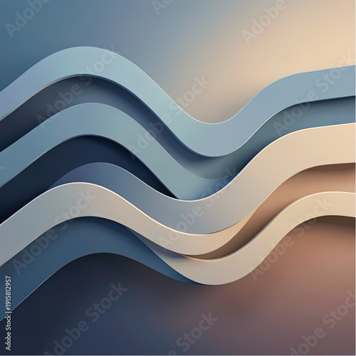 Time Flow as a 3D, layered wave-like bands gradually transitioning in width and tone, calm desaturated blues and warm neutrals, representing gradual change and steady progression, flat gradient.eps