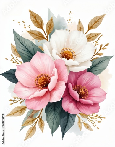 Watercolor flowers in pink, white hues with golden leaves arranged artfully. Floral composition offers delicate, elegant touch perfect for spring themed designs like invitations stationery.