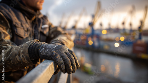Wallpaper Mural High-detail close-up of clean-gloved hands resting on a large steel railing, sunâs last rays glinting off water and chrome surfaces, silhouettes of industrial cranes in the distanc Torontodigital.ca