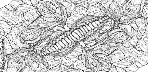 A detailed illustration of a caterpillar surrounded by leaves, viewed from above in a natural setting