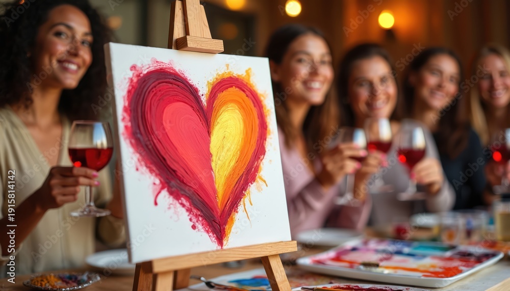 Naklejka premium Women friends celebrate friendship painting heart art with wine. Group enjoys creative art class workshop. Girls bond over hobby and drinks, smiling, making memories together in studio.