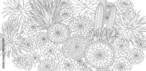 An intricate illustration featuring various flowers and plants in a detailed botanical arrangement