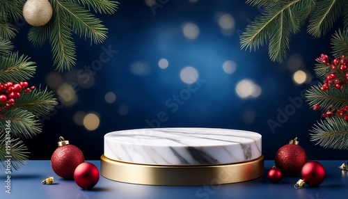 Luxurious Christmas Product Display Marble And Gold Podium Framed By Pine Branches Red Ornaments And Golden Bokeh On Dark Blue
