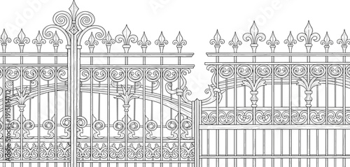 Ornate metal gate with intricate details and fleur-de-lis design viewed from the front
