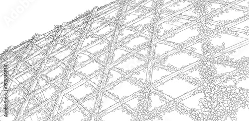 Complex metal lattice structure with intricate details viewed from a low angle against a clean background