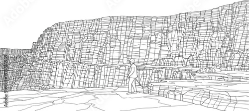 A lone figure stands before a vast stone wall, sketched in detailed illustration from a frontal viewpoint