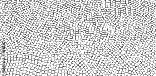 Mosaic pattern of small white tiles arranged closely together on a floor surface viewed from directly above
