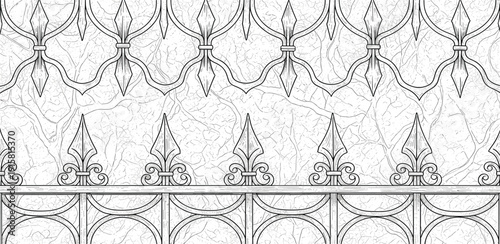 Ornate Gothic pattern illustration featuring architectural elements, fleur-de-lis, and curved lines in a detailed design viewed from directly above