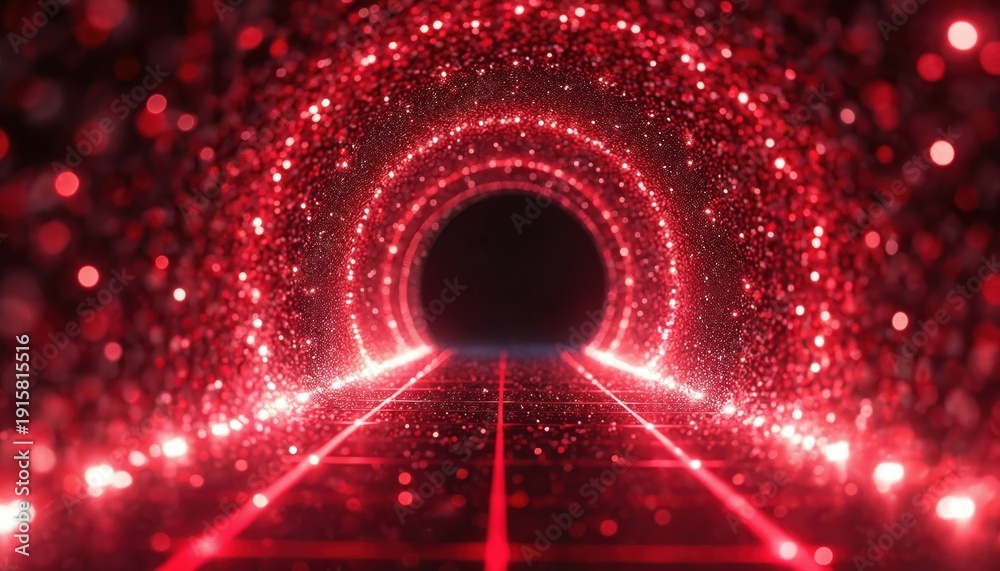 Fototapeta premium Abstract red glitter tunnel with glowing lights and grid floor. Futuristic cyberspace motion graphic. Digital tech background for sci-fi and gaming content.