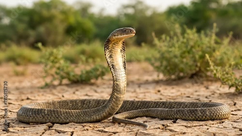 Indian Cobra Snake with Hood Raised and Tongue Flicking on Dry Cracked Earth