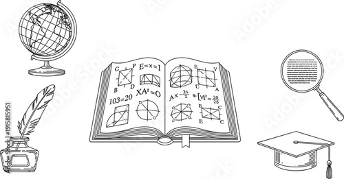 Illustration of educational icons including a textbook, globe, and graduation cap arranged neatly on a plain white surface