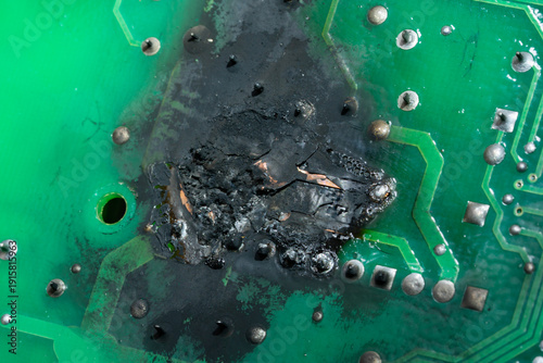 Burnt and melted electronic circuit board after component failure