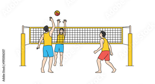 Beach volleyball players blocking and attacking at net for competitive summer match concept
