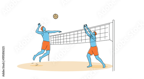 Two male players spiking ball over volleyball net for beach sport competition concept