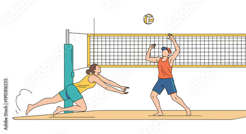 Beach volleyball players diving and spiking ball for competitive summer sports concept