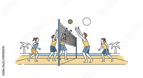 Beach volleyball team playing match near net for summer sport and active lifestyle concept