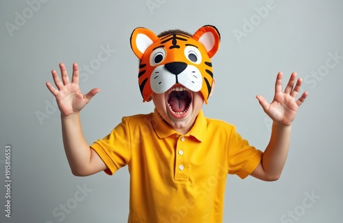 Boy wears tiger mask, opens mouth wide, raises hands in surprise. Child plays with animal costume accessory, enjoys dress-up fun indoors. Joyful kid with tiger face on grey backdrop, excited.