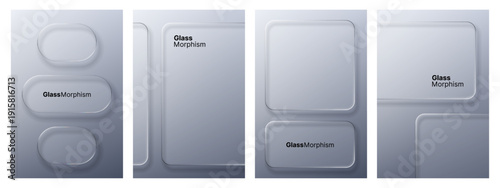 Four vertical glass morphism clear frames. Transparent rectangle and oval shapes with blurred effect. Modern ui design element for web page.