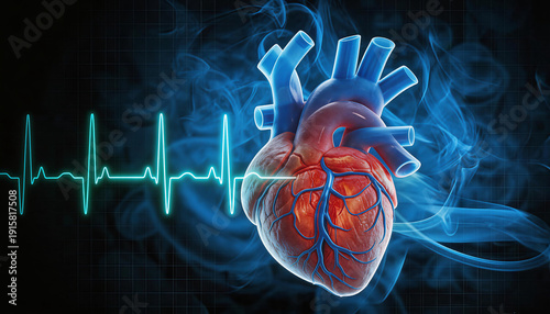 3D rendered anatomical human heart with visible blood vessels, ECG line, and smoke. Medical illustration for cardiology, health, and anatomy education.