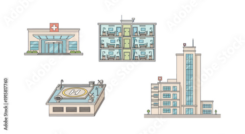 Illustration of hospital buildings and interiors with helipad and patient rooms, healthcare and medical facility concept for design and presentation