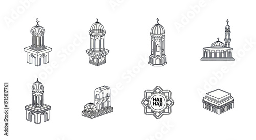 Islamic architecture icons including mosques, minarets, and Kaaba with Hajj emblem, ideal for religious and cultural design projects