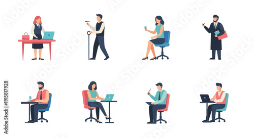 Set of diverse business people working and taking breaks with laptops and drinks in modern office chairs, perfect for corporate and office concept projects