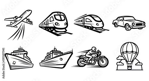 Black and white vector illustrations of different transportation modes including airplane, trains, car, ships, motorcycle, and hot air balloon, perfect for travel and logistics projects