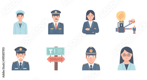 Set of diverse police officers and related icons including signage and equipment, cartoon flat vector illustration perfect for law enforcement design projects