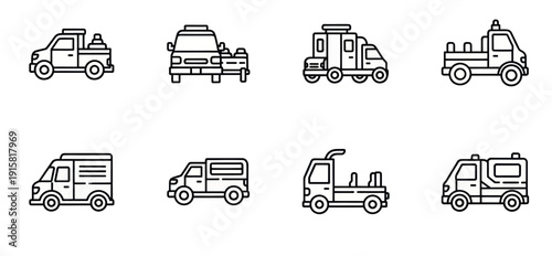 Set of eight black and white line art utility and service truck icons, simple editable vector illustrations for transportation and construction projects