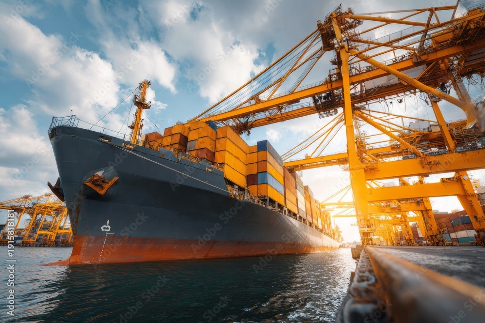 Fototapeta premium Container Ship Stalled at Port with Uneven Stacks of Cargo During Sunset