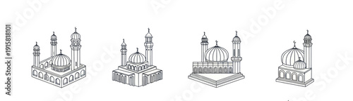 Vector line art set of four Islamic mosque buildings with domes and minarets isolated on white background, religious architecture illustration for design